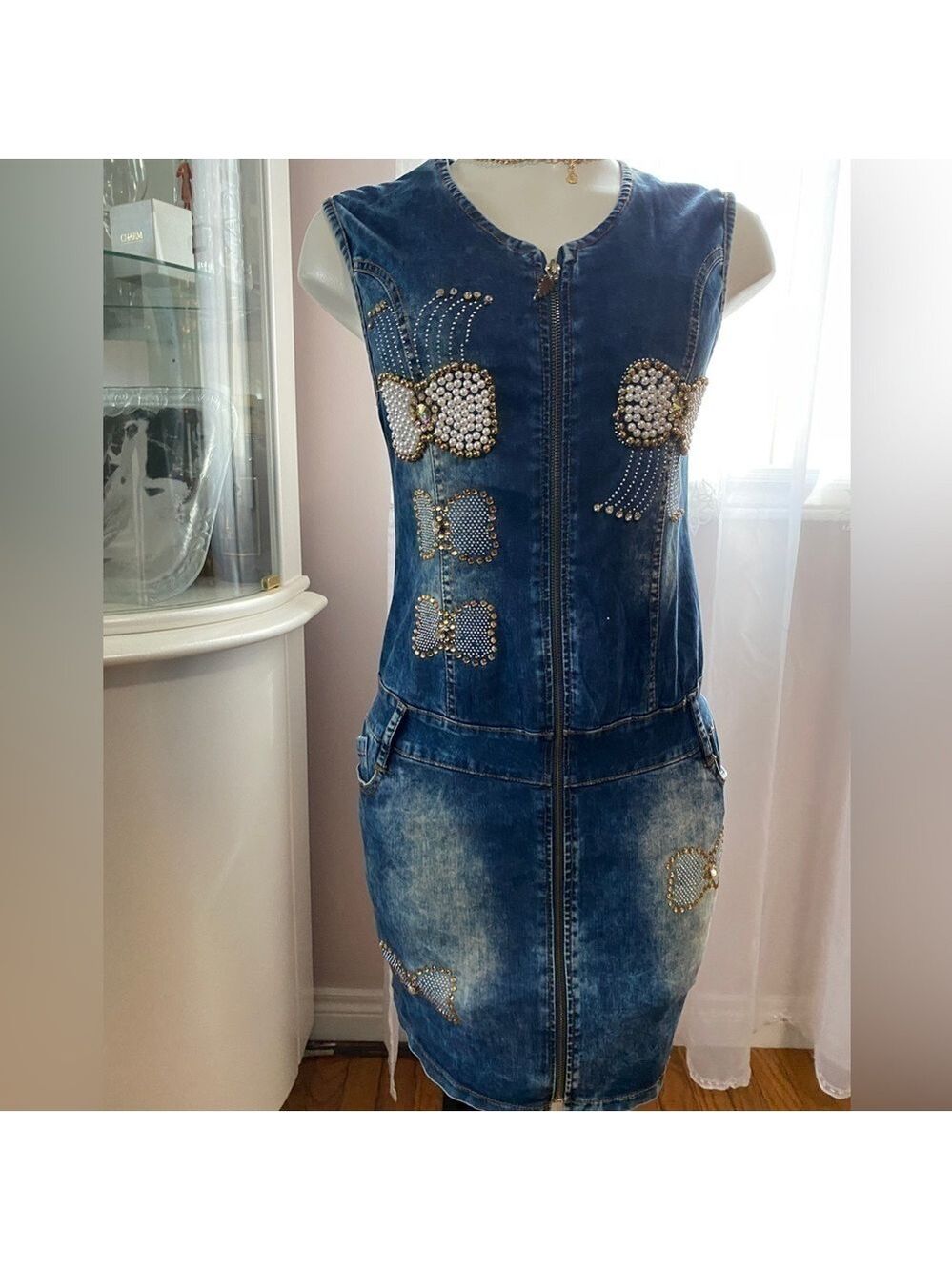 Y2k DENIM MINI DRESS EMBROIDERED BUTTERFLIES RHINESTONES MADE IN EUROPE - Picture 2 of 16